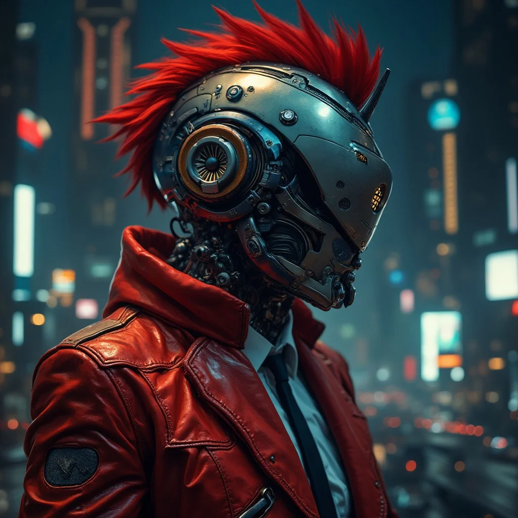 A hyper-realistic cinematic photo of a futuristic man figure wearing a sleek, high-tech helmet with a single horn protruding from the forehead. The helmet features intricate patterns and a shiny, reflective surface, seamlessly integrated with the figure's advanced robotic enhancements, including mechanical joints and a grey robotic arm. The figure has wild, bright red hair that contrasts sharply with the metallic helmet and the blackness of space, emphasizing its punk-inspired aesthetic. The figure is dressed in a red leather jacket over a crisp white shirt and black tie, the textures of the leather jacket appearing worn yet stylish, adding to the character's rebellious demeanor.The background of the photo is a dystopian cityscape at night, with towering skyscrapers and neon lights reflecting off the helmet’s surface, creating a stark contrast between the futuristic figure and the gritty urban environment. The overall atmosphere is intense and mysterious, with the figure exuding an aura of power and vigilance