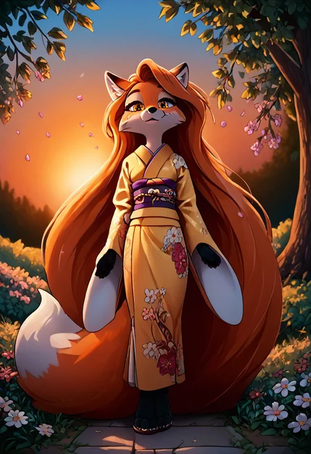score_9_up,score_8_up,score_7_up, (masterpiece),(best quality), hyper detailed, perfect anatomy, anthro fox girl, dazzling, perfect face,
sexy, seductive, absurdly long hair, very long hair, floor length hair, orange hair, bright amber eyes, print_kimono, ruanyi0712, floral print, yellow kimono, obijime, sandals, tabi, wide sleeves, furisode, orange fur, fox tail, dusk, anthro, female furry, fox, fox tail, fox ears, body fur, fluffy, paws, sunset, trees, outdoor, in spring, falling petals, cherry blossoms, looking_at_viewer, dynamic_angle,