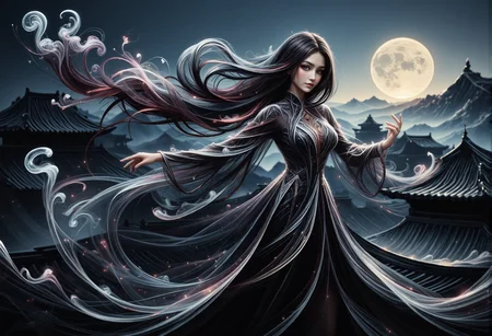 mad-wsps, xslx scribble, detailmaximizer. A bust shot of a stunning young Asian woman, her upper body gracefully swaying as she performs a traditional Chinese shrine dance. The deep black of her long hair, shimmering with a hint of red in the moonlight, contrasts beautifully with her flowing black dress, which has subtle white accents along the edges, adding an elegant, otherworldly touch. Her hands move elegantly, creating ceremonial gestures, while her face remains calm and focused, lit by the moonâs soft glow. She stands atop the ornately curved roof of the ancient Chinese palace, with the detailed architecture of the roof tiles and eaves visible behind her, shrouded in a light mist. The setting adds to the spiritual and ancient atmosphere of the scene., <lora:RealisticAnimeFlux_v2.safetensors:1.0:1.0> <lora:Wisps_of_Light_FLUX.safetensors:0.8:0.8> <lora:scribble-flux-v1.safetensors:1.0:1.0> <lora:aidmaImageUpgrader-FLUX-V0.1.safetensors:0.5:0.5>