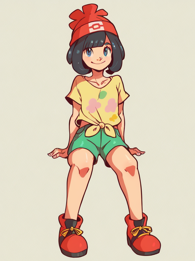score_9, score_8_up, score_7_up, score_6_up, score_5_up,
pokemonselene, black hair, blue eyes, short hair, bangs, blunt bangs, beanie, collarbone, green shorts, hat, red headwear, shirt, short sleeves, shorts, tied shirt, yellow shirt, footwear
, 1girl, solo, facing viewer, small smile, full body
 <lora:mrsmiles:1> mrsmiles <lora:pokemon-selene-ponyxl-lora-nochekaiser:0.9>