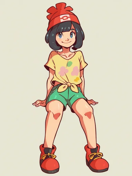 score_9, score_8_up, score_7_up, score_6_up, score_5_up,
pokemonselene, black hair, blue eyes, short hair, bangs, blunt bangs, beanie, collarbone, green shorts, hat, red headwear, shirt, short sleeves, shorts, tied shirt, yellow shirt, footwear
, 1girl, solo, facing viewer, small smile, full body
<lora:mrsmiles:1> mrsmiles <lora:pokemon-selene-ponyxl-lora-nochekaiser:0.9>