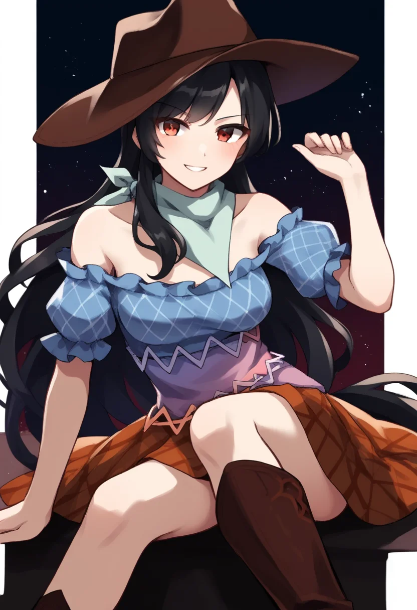 score_9,score_8_up,score_7_up,<lora:touhou_146:1>,1girl, arm_support, bandana, bare_shoulders, black_background, black_hair, blue_shirt, blush, boots, breasts, brown_footwear, brown_hat, brown_skirt, commentary_request, cowboy_hat, crossed_legs, feet_out_of_frame, hat, knee_boots, kurokoma_saki, light_particles, long_hair, looking_at_viewer, medium_breasts, off-shoulder_shirt, off_shoulder, overskirt, plaid_clothes, plaid_skirt, puffy_short_sleeves, puffy_sleeves, red_eyes, shirt, short_sleeves, sitting, skirt, smile, solo, two-tone_background, white_background