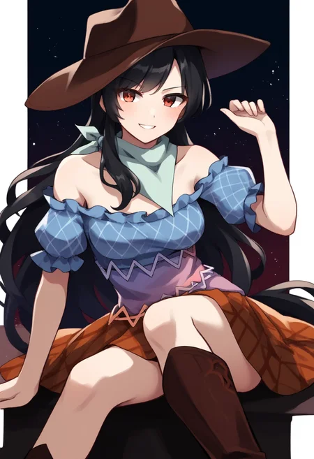 score_9,score_8_up,score_7_up,<lora:touhou_146:1>,1girl, arm_support, bandana, bare_shoulders, black_background, black_hair, blue_shirt, blush, boots, breasts, brown_footwear, brown_hat, brown_skirt, commentary_request, cowboy_hat, crossed_legs, feet_out_of_frame, hat, knee_boots, kurokoma_saki, light_particles, long_hair, looking_at_viewer, medium_breasts, off-shoulder_shirt, off_shoulder, overskirt, plaid_clothes, plaid_skirt, puffy_short_sleeves, puffy_sleeves, red_eyes, shirt, short_sleeves, sitting, skirt, smile, solo, two-tone_background, white_background