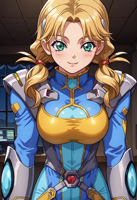 score_9, score_8_up, score_7_up, score_6_up, source_anime, anime screencap, 1girl, solo, oldrin, blonde hair, low twintails, green eyes, srwbluepilotsuit, blue bodysuit, pauldrons, wrist guards, metal belt, grey armor, helmet removed, no headwear, large breasts, looking at viewer, light blush, smile, cowboy shot, night, indoors, modern, dark walls, monitor,