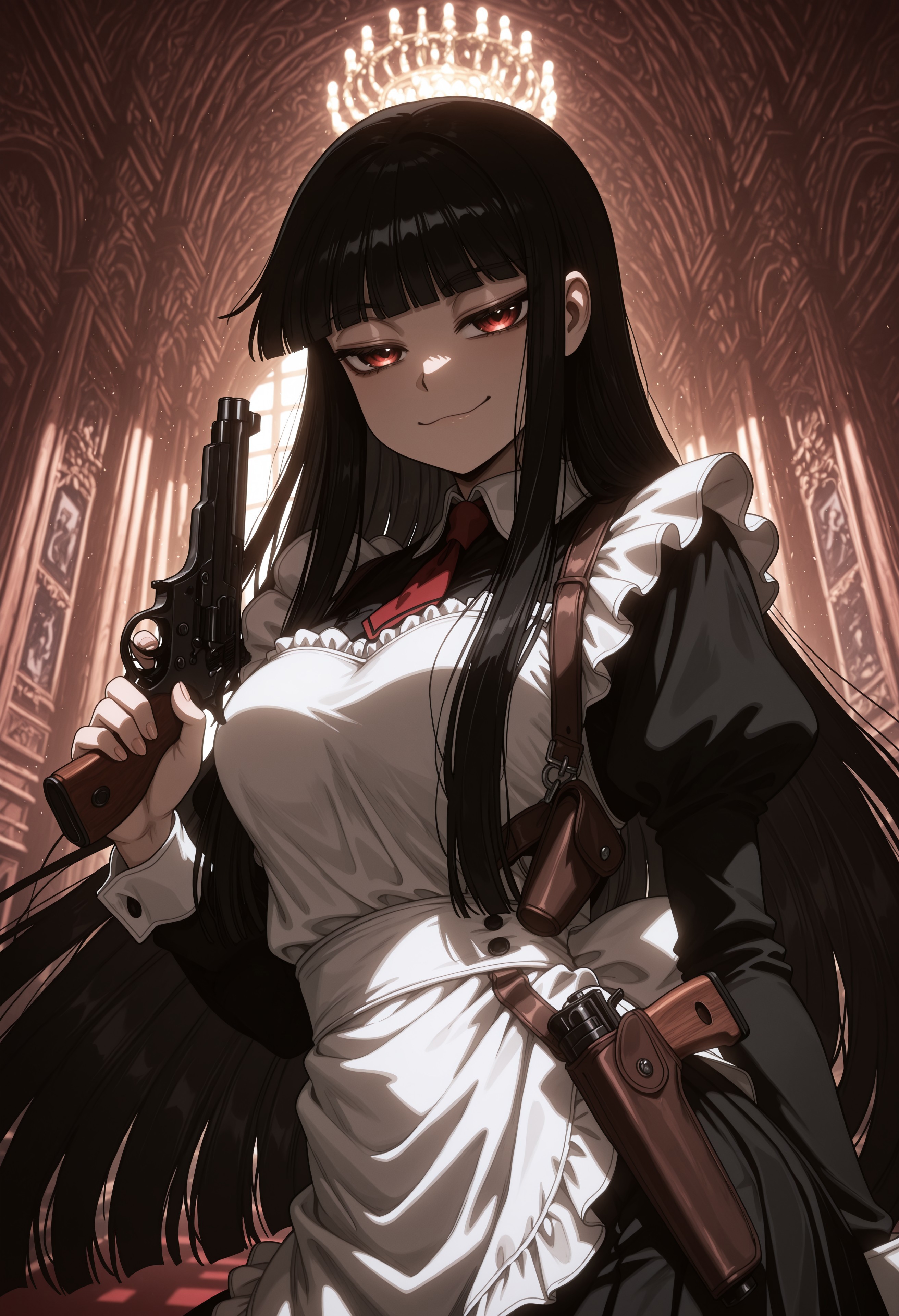 Girlycard, solo, 1girl, female focus, female, black hair, long hair, hime cut, blunt bangs, red eyes, maid outfit, intricate dress, slender figure, medium breasts, upper body, (extreme close up:1.3), portrait, smug
BREAK
holding a Mauser C96, leather shoulder holster, pistol holster, contrapposto, fancy ornate gilded luxurious hotel lobby, perfect architecture
BREAK
soft shadows, vivid, perspective, masterpiece, very aesthetic, absurdres, best quality, amazing quality, intricate detail, highly detailed, newest, highres, 8K, HDR, best quality, absurdres, high quality, dynamic composition, vibrant colors, foreshortening, glamour shot, 