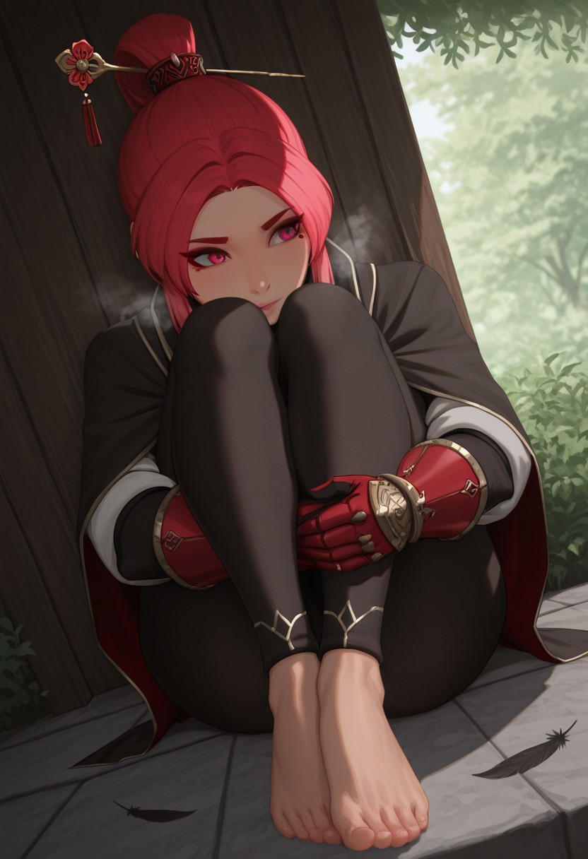 damon,  outdoors, undershirt, falling feathers, black bodysuit, hair stick, hugging own legs, , gauntlets,   eyeshadow,   red gloves,  high ponytail,  , black capelet, red hairband, pink eyes, 1girl, solo, feet, visible breath,   dynamic angle, foreshortening, smell, steam,