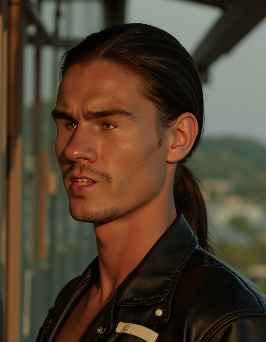 flyweight Macedonian (ral-smlfcs:1.1) , Hard-boiled, dressed in Cargo shorts from the Space Age, he has Low ponytail hairstyle, Rings, split diopter, ultrafine detailed, Reflected light, professional, beautiful, <lora:ral-smlfcs-flux-000010:1>, luxurious sharp focus, contemporary, rich vivid colors, ambient atmosphere, fertile, fine artistic composition, stunning, intricate artistic color