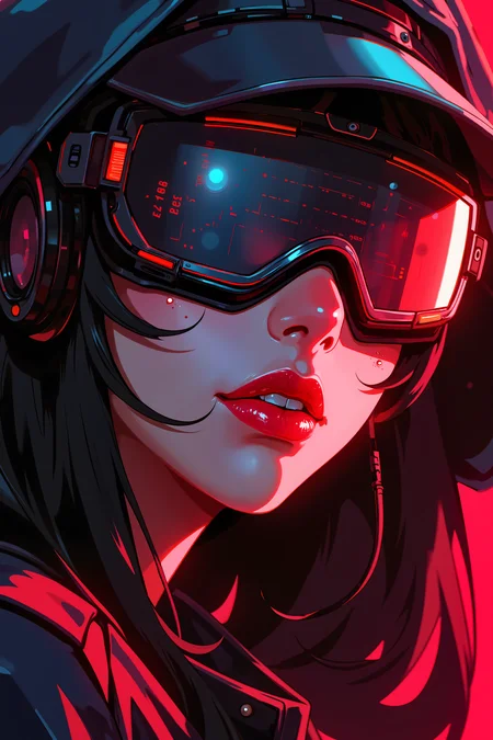 a cyber hacker woman with red lipstick wearing metal visor. , detailed background Fantastic lighting. Detailed shadows.intricate details, vivid colors, hyper-detailed, ultra-sharp, , <lora:XRSTYLE_FLUX:0.5><lora:RetroAnimeFluxV1:0.4><lora:MoriiMee_Gothic_Niji_Style_FLUX:0.3>