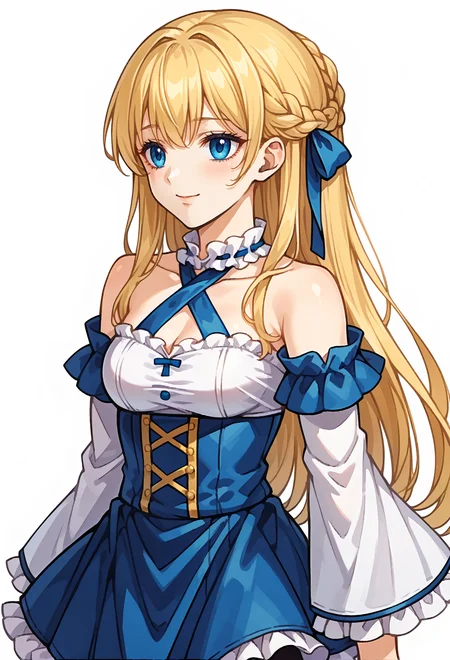 score_9, score_7_up, source_anime, BREAK solo,  <lora:zs_FE10PortraitsXL:1> fe10portraits, portrait, white background, light smile,, <lora:mxmarina:1> mxmarina, french braid, half updo, Hair ribbon, frilled choker, criss-cross halter, sleeveless dress, high-waist skirt, backless dress, blue dress, waist blue bow, detached sleeves, frilled sleeves, wide sleeves, blue sleeves, black pantyhose, patterned legwear, pinstripe pantyhose, mary janes,