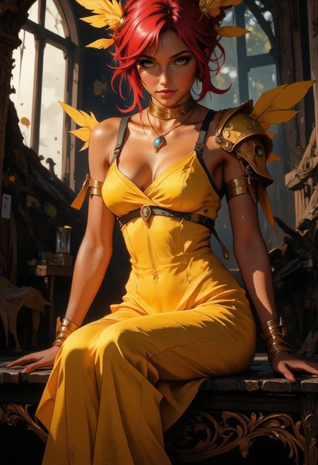 A stunning portrait of a regal and ethereal woman seated gracefully on an intricately decorated bench in a mystical forest setting. Her vibrant red hair is elegantly styled in a loose updo, adorned with a golden, feather-like crown that radiates outward, exuding an aura of majesty and nature-inspired beauty. Her piercing gaze at the viewer is soft yet commanding, and her makeup features subtle tones that enhance her natural elegance, with a focus on her delicately painted eyes and glossy lips with a gentle smile. She wears a flowing, vibrant yellow gown that hugs her figure, made of a shimmering, silk-like fabric with subtle folds and natural drapery. The dress features thin, golden straps that complement her warm complexion. Her shoulders are adorned with ornate golden pauldrons embellished with fine feathered details, blending elements of fantasy and royalty. Around her neck is a delicate gold choker with a small, glowing gemstone at its center, further emphasizing her regal status. The background is a dark, enchanted forest with soft light filtering through the trees, creating a mystical atmosphere. Shadows and highlights interplay on her dress and skin, enhancing the realism of the scene while maintaining an otherworldly glow. The bench she sits on is black with intricate golden carvings of floral patterns, adding to the elegance and refinement of the composition.