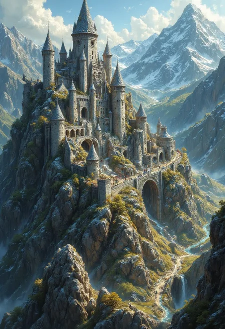 fantastical and realistic image, a detailed fantasy elfic white city that stands on a hill surrounded by very high mountains. High walls surround the city. High towers stand inside the walls. Wingless dragons and balrog trying to climb the walls.
mystical touch, dreamlike and otherworldly atmosphere, sense of adventure and wonder, view from above, (score_9, score_8_up:1.1), score_7_up, a fine color ink lineart sketch, (reflective volumetric), raytracing, absurdres, dark, low-key