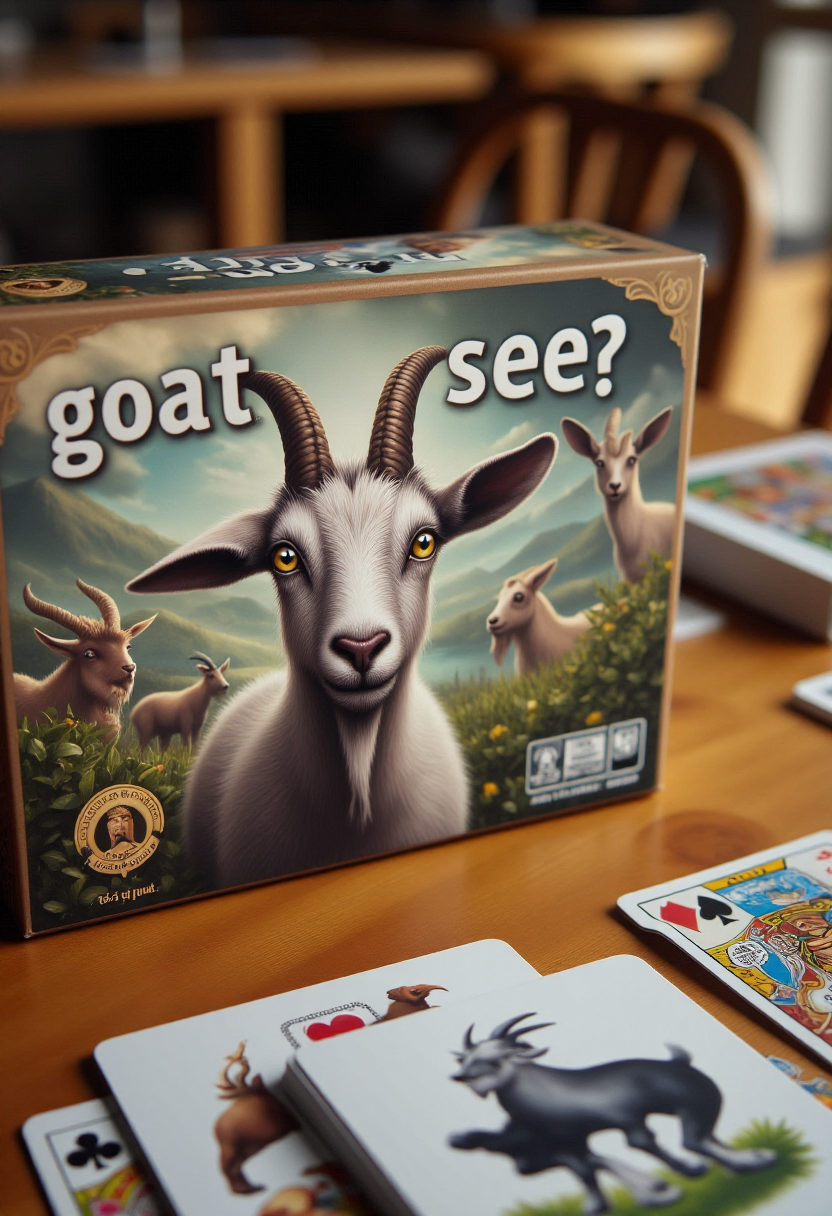 a card game box on a table. The game is titled "goat, see?" with a goat winking 
 <lora:Board_Game_Boxing_FLUX:0.9>