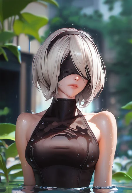 score_9, score_8_up, score_7_up, 1girl, solo, breasts, short hair, dress, bare shoulders, medium breasts, closed mouth, upper body, white hair, hairband, sleeveless, mole, blurry, black dress, lips, wet, depth of field, blurry background, turtleneck, phone, cellphone, black hairband, wet clothes, mole under mouth, facing viewer, smartphone, rain, water drop, blindfold, wet hair, covered eyes, black blindfold, yorha no. 2 type b