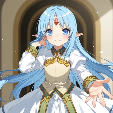 <lora:Reset_1_nai-000037:1>,Reset,blue hair,
white dress,long sleeves,
1girl,smile,heart,front view,straight-on,solo,hand in own hair,reaching towards viewer,depth of field,