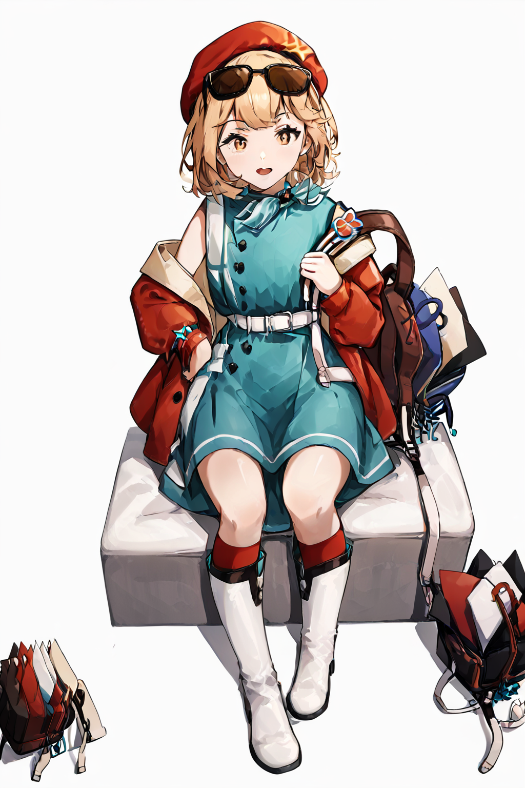 <lora:æéregulus_ç®è¤_reverse1999éè¿æªæ¥1999:1.1>,full body,1girls,white boots,boots,white footwear, simple background, white background, eyewear removed, eyewear on head, holding, bag, white background, sitting, blonde hair, open mouth, socks, dress,hat,