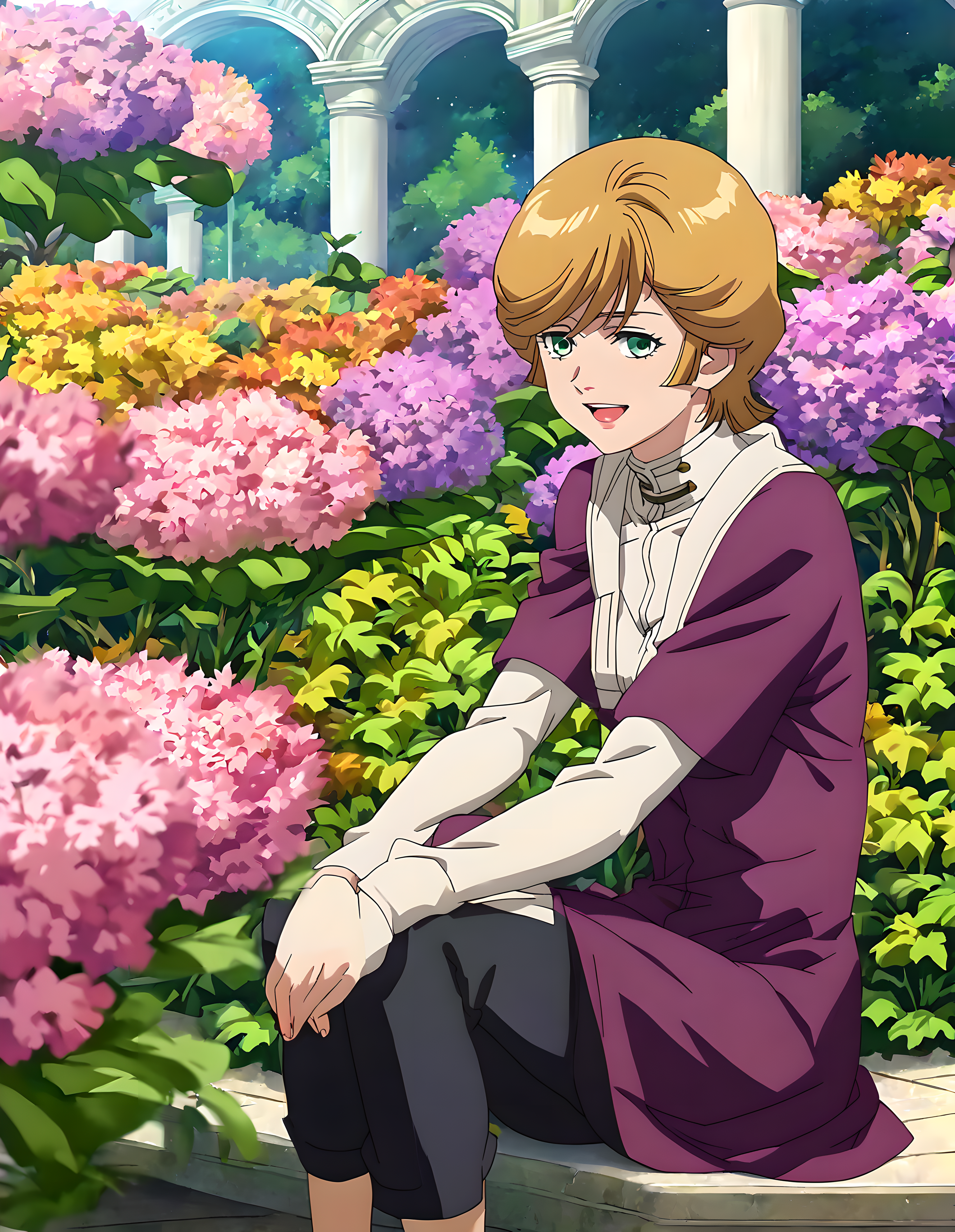 <lora:pony_xl_audrey:0.9>,audrey,score_9,score_8_up,score_7_up,source_anime,best quality,masterpiece,super fine illustration,1girl,solo,purple short sleeve jacket,open_clothes,white long sleeves,white_shirt,shirt_tucked_in,black pants,brown footwear,gardens,smile,open your mouth and laugh,sitting,wariza,knees_together_feet_apart,hand_between_legs,cowboy_shot,looking_at_viewer,lens_flare,available light,