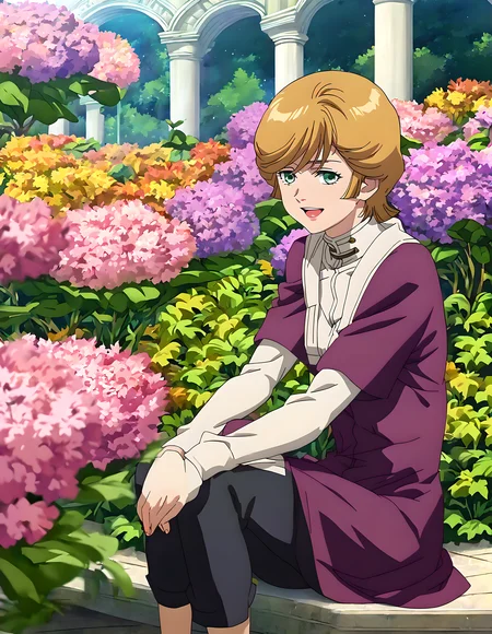 <lora:pony_xl_audrey:0.9>,audrey,score_9,score_8_up,score_7_up,source_anime,best quality,masterpiece,super fine illustration,1girl,solo,purple short sleeve jacket,open_clothes,white long sleeves,white_shirt,shirt_tucked_in,black pants,brown footwear,gardens,smile,open your mouth and laugh,sitting,wariza,knees_together_feet_apart,hand_between_legs,cowboy_shot,looking_at_viewer,lens_flare,available light,