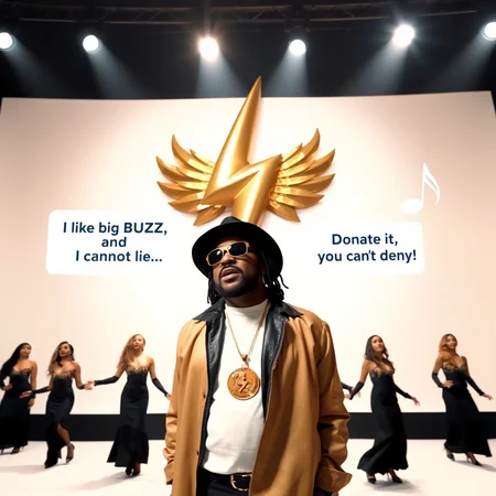 ((music video stage, spotlights)), white background, rapper Sir Mix-A-Lot wearing wrap around sunglasses and a black hat, singing to a huge golden thunderbolt art piece. holding a microphone. wearing a white t-shirt and long leather coat. wearing a gold necklace with a golden thunderbolt medallion around his neck.

speech bubble: "I like big BUZZ and I cannot lie...", ((musical notes in the air)).

second speech bubble: "Donate it, you can't deny!"

female rap backup singers dancing in the background wearing ((long conservative dresses))