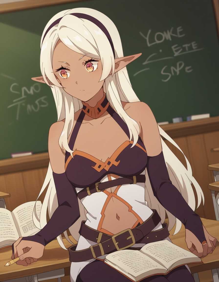 score_9, score_8_up, score_7_up, source_anime, <lora:farming-isekai-ya-s1-ponyxl-lora-nochekaiser:1>, ya, long hair, white hair, hairband, pointy ears, dark skin, dark-skinned female, orange eyes, black hairband, elf, dark elf, medium breasts,, gloves, navel, bare shoulders, collarbone, elbow gloves, belt, bridal gauntlets, navel cutout,, classroom, chalkboard, day time, studying, sitting, chair, desk,, , , hand holding a pencil, solo,, cowboy shot, dutch angle