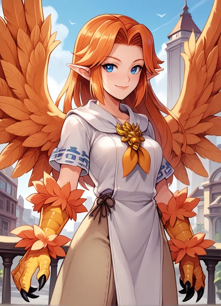 (score_9, score_8_up, score_7_up), best quality, perfect face, (masterpiece), MGE, 1girl, masterpiece, expressive eyes, monster girl, MGE artstyle, (harpy), animal limbs, (winged arms), feathered wings, prehensile wings, animal legs, thighhigh fur, pointy ears, ear fluff, breasts, consistent features, <lora:MGE_V5.3:0.9>, outdoors, city, street, evil smile, (cowboy shot), <lora:malon_cremia-v1_pdxl:0.7> , malon, 1girl, blue eyes, orange hair,