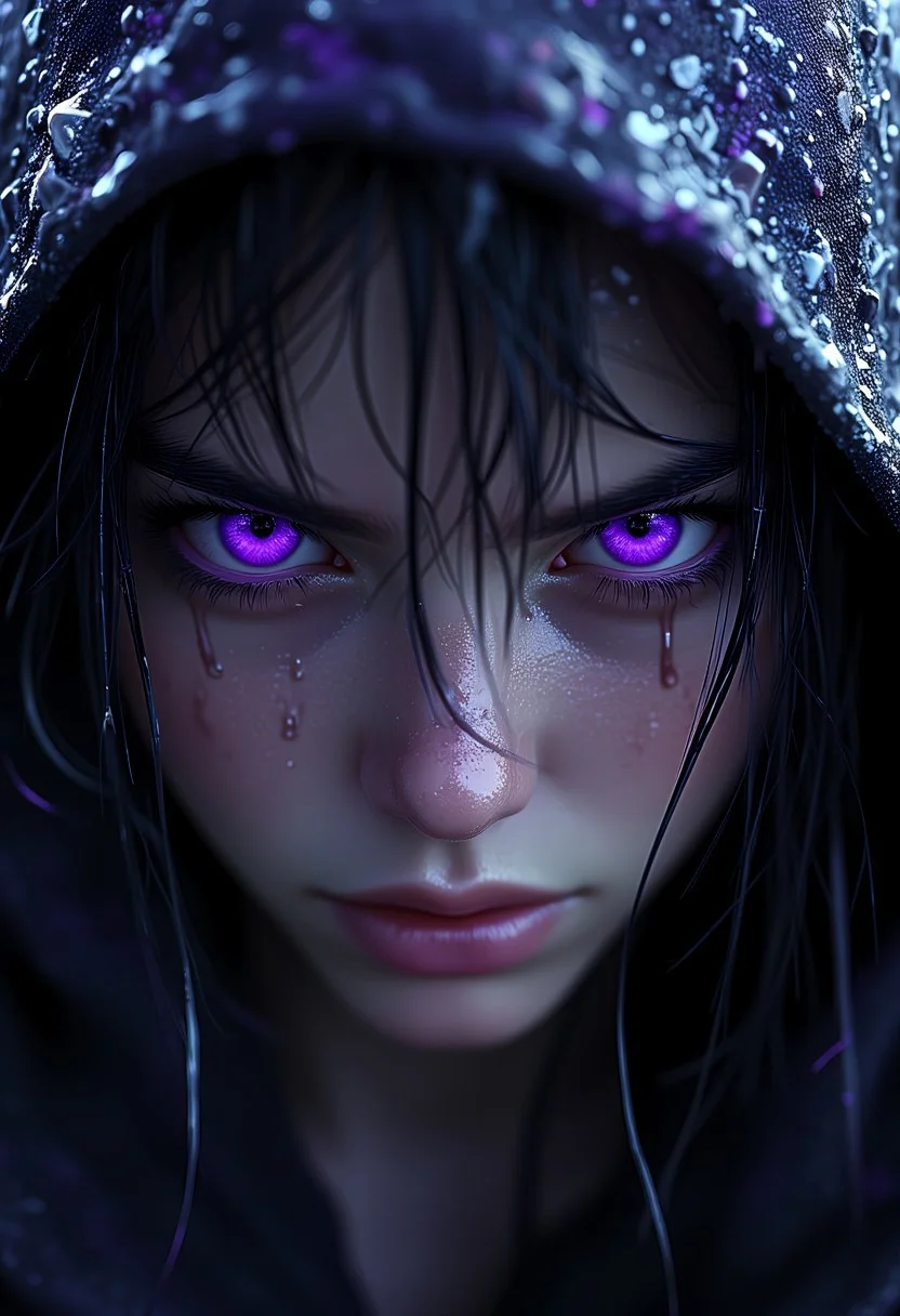 A close-up of a female face with vibrant purple eyes wet skin and dark hair accentuated by a hooded garment