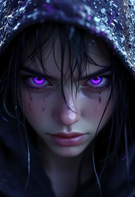 A close-up of a female face with vibrant purple eyes wet skin and dark hair accentuated by a hooded garment