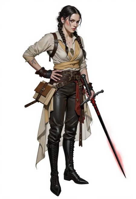 A digital drawing featuring a woman with braided hair and wearing a loose fitting tunic and laced leather pants, a bound tome hangs from her belt, and she is holding a thin black fencing sword with red runes and a glowing red aura