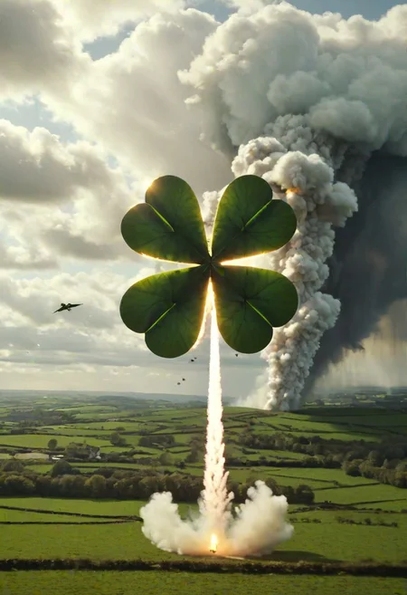 dynamic action shot, spaceship shaped like a four-leaf clover launching skyward, trails of smoke and fire, lush Irish countryside receding below, sunlight breaking through storm clouds, flock of birds scattering in the distance, cinematic lighting