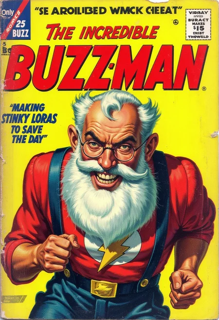 vintage comic book cover for ”the incredible BUZZMAN”, featuring a geratric, elderly superhero with long white beard. Wearing an ill fitting hero suit with suspenders and a flash emblem on his chest. Small text say ”making stinky LoRAs to save the day”. Box in the top reads ”Only 25 Buzz”