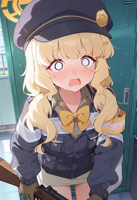 AobaBA, 1girl, solo, (absurdres, best quality, masterpiece:1.4), amazing quality, highres, newest, detailed, detailed body, detailed face, source anime, standing, O_O, open mouth,, orange eyes, light blonde hair, yellow bowtie, low twintails, fluffy hair, sidelocks, yellow white armband, cabbie hat, golden emblem, orange halo, grey inner shirt, grey skirt, orange hairclip, brown gloves, striped jacket, pocket, panicking, holding rifle