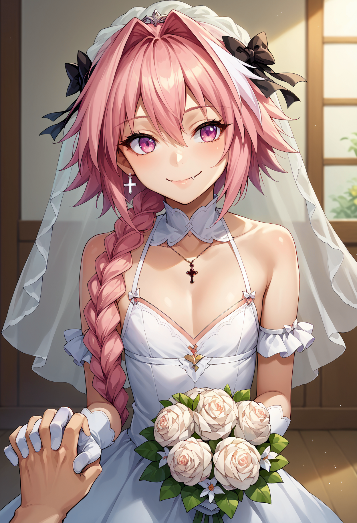 core_9,score_8_up,score_7_up,score_6_up, source_anime, 1boy, solo, otoko no ko, <lora:EPAstolfoPony-05:1> EPfaAstolfo, pink hair, pink eyes, ribbon, hair ribbon, braid, hair between eyes, hair intakes, white hair, hair bow, single braid, long hair, long braid, streaked hair, skin fang, bow, black bow, smile, bare shoulders, bouquet, flat chest, bridal veil, cleavage,  dress, earrings, flower, gloves, holding hands, jewelry, pov, pov hands, upper body, veil, wedding, wedding dress, white gloves, horizon,