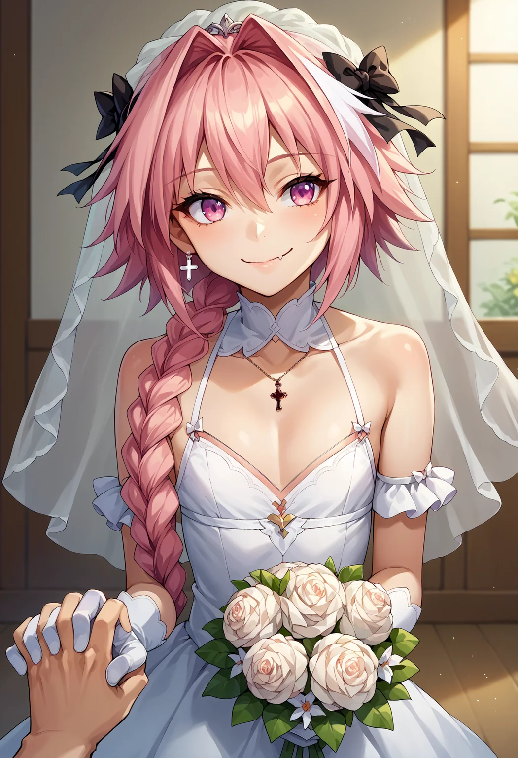 core_9,score_8_up,score_7_up,score_6_up, source_anime, 1boy, solo, otoko no ko, <lora:EPAstolfoPony-05:1> EPfaAstolfo, pink hair, pink eyes, ribbon, hair ribbon, braid, hair between eyes, hair intakes, white hair, hair bow, single braid, long hair, long braid, streaked hair, skin fang, bow, black bow, smile, bare shoulders, bouquet, flat chest, bridal veil, cleavage, dress, earrings, flower, gloves, holding hands, jewelry, pov, pov hands, upper body, veil, wedding, wedding dress, white gloves, horizon,