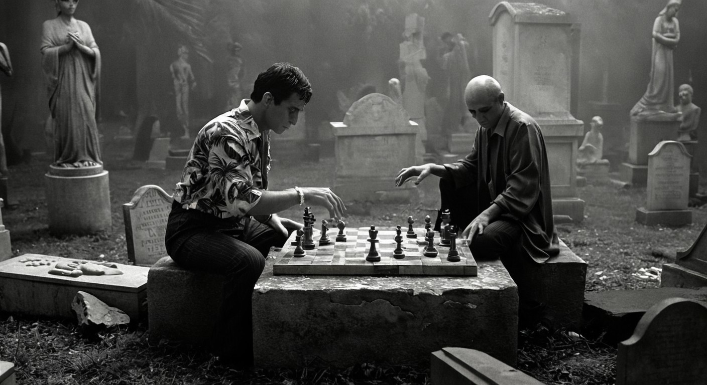 black and white surrealist cinema still, tony montana, wearing a ragged tropical-print open shirt and pinstriped pants, playing chess on a weathered stone board placed atop a mafia tomb, surrounded by broken statues and open caskets, each chess piece shaped like someone he once killed or betrayed, Death opposite him, hands folded calmly, medium wide shot, mist swirling around gravestones, mood of grim inevitability, long shadows and oppressive silence, inspired by mid-century existential cinema
