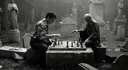 black and white surrealist cinema still, tony montana, wearing a ragged tropical-print open shirt and pinstriped pants, playing chess on a weathered stone board placed atop a mafia tomb, surrounded by broken statues and open caskets, each chess piece shaped like someone he once killed or betrayed, Death opposite him, hands folded calmly, medium wide shot, mist swirling around gravestones, mood of grim inevitability, long shadows and oppressive silence, inspired by mid-century existential cinema