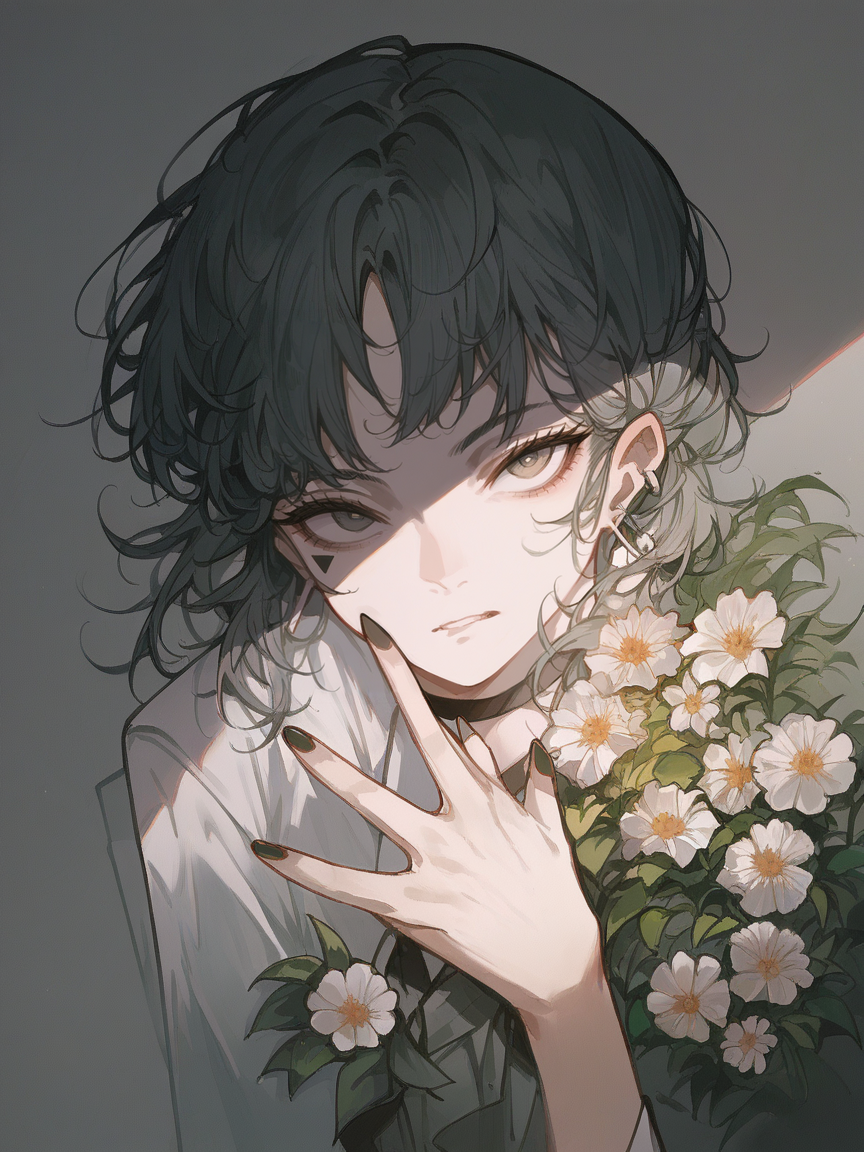 score_9, score_8_up, score_7_up, score_6_up, score_5_up,  <lora:JohnKafkaXLP:1> john kafka, 1girl, flower