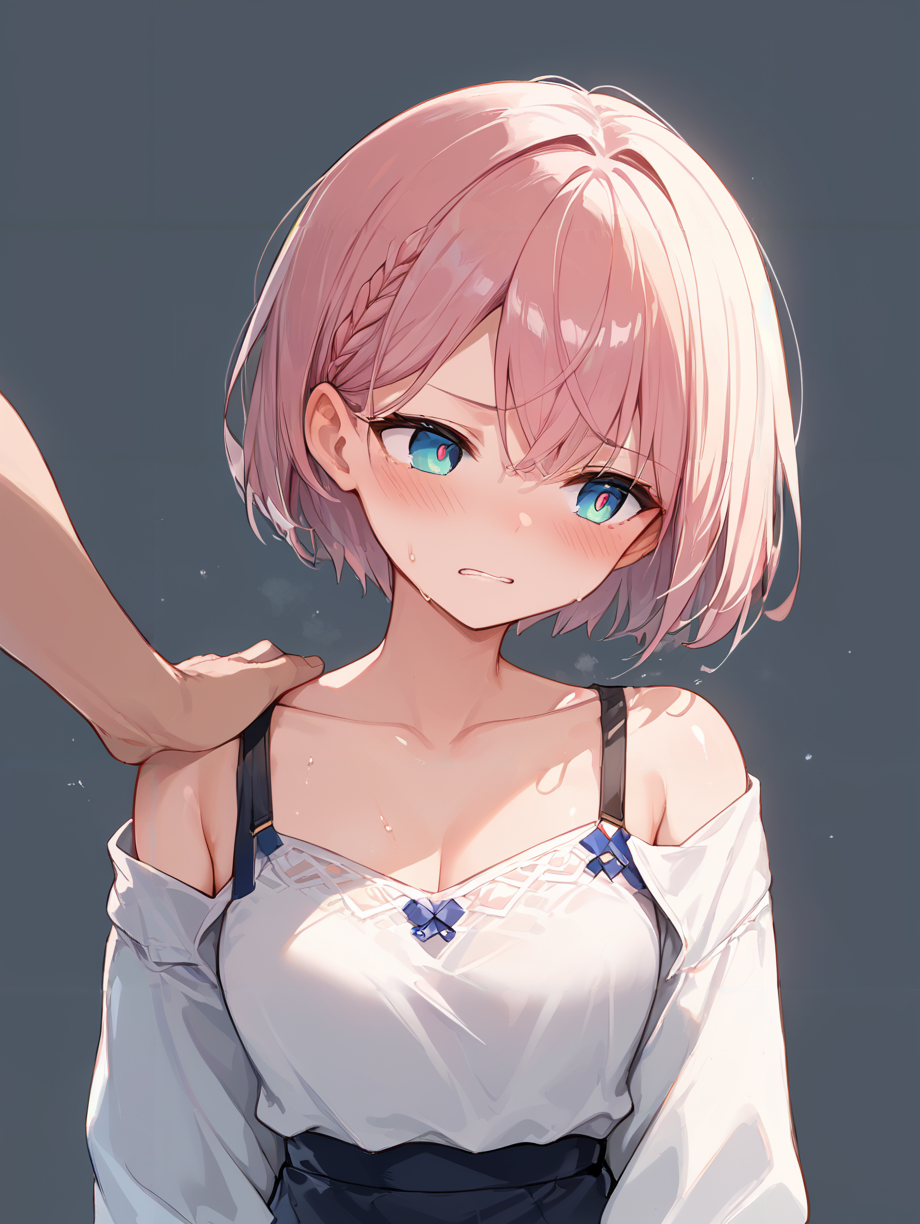 score_9, score_8_up, score_7_up,source_anime, high res image,masterpiece,best quality,(girl:1.0),cute face,clear skin,shiny hair,ultra detailed eyes,simple background, <lora:clenched teeth_pony_V1.0:1> clenched teeth, blush, sweat,hetero,looking away,1boy ,grabbing shoulder