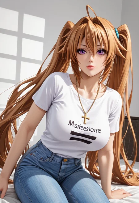 Masterpiece, best quality, high quality, highres, 4k, detailed face, anime style, Expressiveh, bmbplora, irina shidou, long hair, brown hair, twintails, purple eyes, very long hair, ahoge, large breast, t-shirt, jeans, cross necklace, interlaced fingers, floating hair,