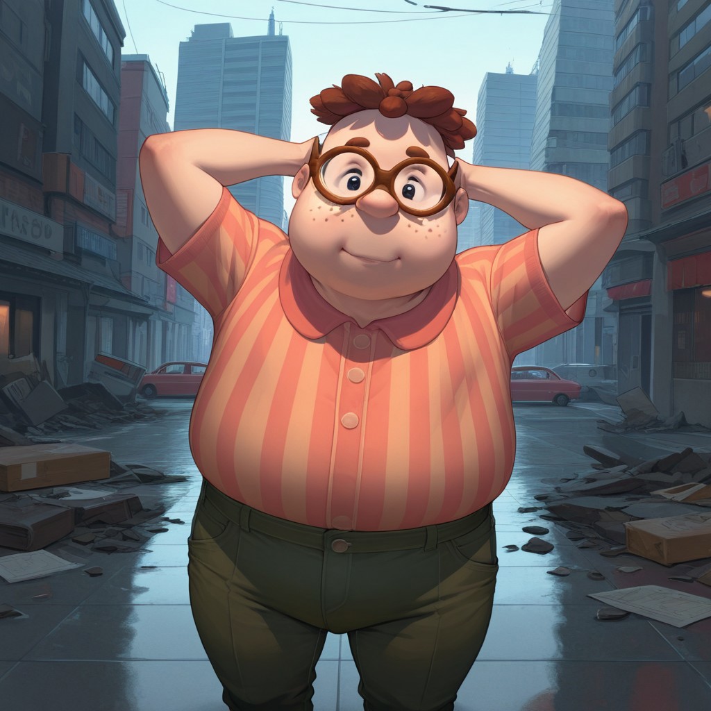 masterpiece, best quality, break, solo, 1boy, carl_jn, glasses, freckles, striped shirt, pants, plump, standing, hands behind head, looking at viewer, city