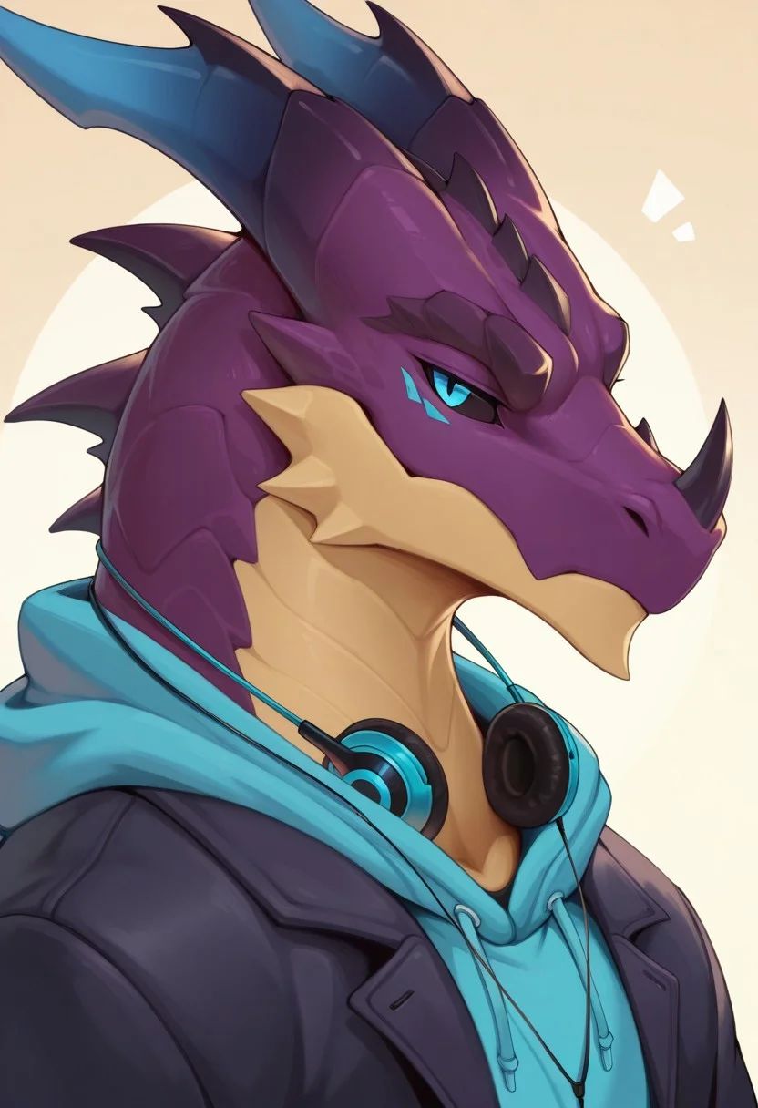 masterpiece,best quality,amazing quality, detailed, 1boy, solo, nice eyes,looking at viewer, furry, dragon, Hoodie, Earphones around neck, wolfanine, horns, dark sclera, blue eyes, close up, looking at viewer, side view