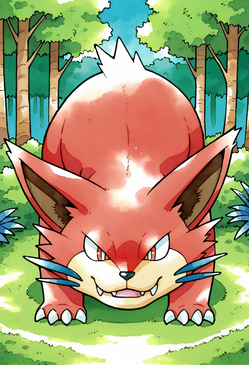 score_9, score_8_up, score_7_up, score_6_up, BREAK ken sugimori,watercolor \(medium\), pokemon \(creature\),ruby fur, fangs, forest, <lora:KenSugimoriPony:1>