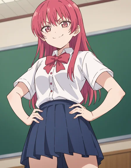 score_9, score_8_up, score_7_up, source_anime, <lora:saki-saki-s2-ponyxl-lora-nochekaiser:1>, saki saki, long hair, bangs, red eyes, red hair,, skirt, shirt, bow, school uniform, white shirt, short sleeves, pleated skirt, bowtie, blue skirt,, indoors, smug, smile, looking at viewer, solo, hands on hips,, cowboy shot, dutch angle