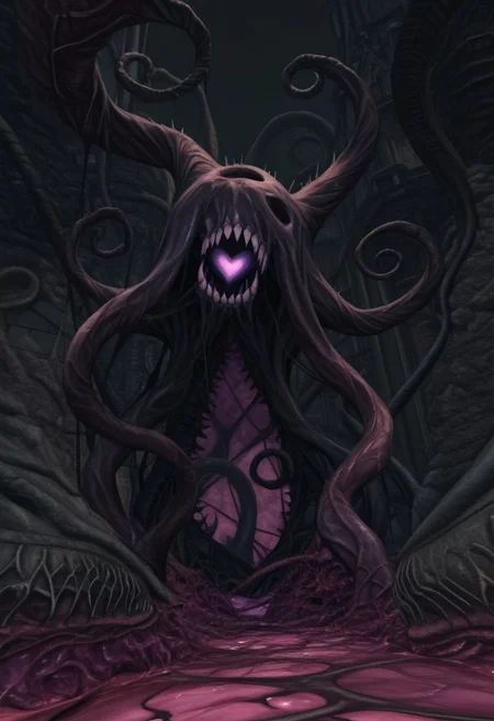 AMAZING QUALITY, MASTERPIECE, W1CK3D, SCENERY, CORRUPTED HEART, NIGHTMARE, ELDRITCH, TENTACLES, TEETH, PURPLE FLESH, PURPLE THEME, GLOWING,