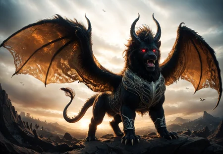chimera fanged spiked horned monster, wings, fur, dark fantasy, scorpion tail, masterful, shimmering, vibrant, gothic, ultra detailed, detailed, immersive, reminiscent of high fantasy RPG games, HD, masterpiece, best quality, hyper detailed, super realistic, perfect face, professional, breathtaking background, expression of feelings, imaginative, highly detailed, no humans, dragon, lion, wolf, goat, ram, snake tail head, scorpion tail, brute, tail, claw, fangs, sharp teeth, teeth, wings, open mouth, monster, beast, horns, red eyes, glowing eyes, muscular, flying, sky, full body, pillar , scales, snout, realistic, tongue, sitting, bird , outdoors, advntr, an14, ArsGreenMistWorld
