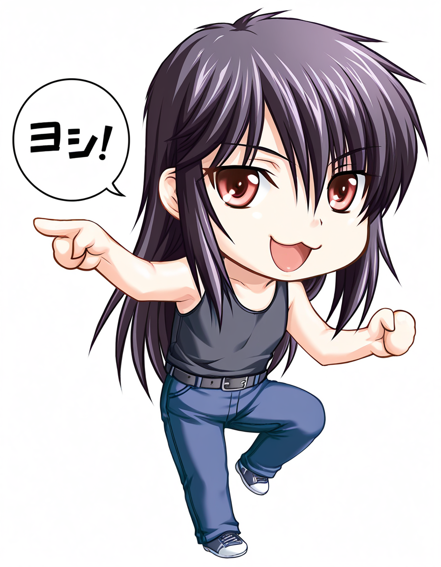 masterpiece, best quality, amazing quality, absurdres, official art, ultra detailed, 
1girl, chibi, full body, solo, yashi_nagomi, long hair, purple hair, red eyes, BREAK
black tank top, jeans, belt, 
smile, looking at viewer, genba_neko,chibi,pointing,standing on one leg,:3,open mouth,meme,parody, speech bubble, simple background, white background <lora:genba_neko_like_v2:1> <lora:Yashi Nagomi v1.0-000013:1>