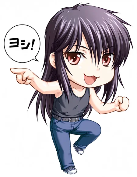 masterpiece, best quality, amazing quality, absurdres, official art, ultra detailed,
1girl, chibi, full body, solo, yashi_nagomi, long hair, purple hair, red eyes, BREAK
black tank top, jeans, belt,
smile, looking at viewer, genba_neko,chibi,pointing,standing on one leg,:3,open mouth,meme,parody, speech bubble, simple background, white background <lora:genba_neko_like_v2:1> <lora:Yashi Nagomi v1.0-000013:1>