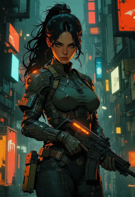 magnificent, closeup portrait, female bounty hunter, braided black hair, futuristic armor, battlesuit, mechanical armor, sleek armor, sexy, curvy, large breasts, large ass, aiming an assault rifle, assault rifle, aiming rifle, Cyberpunk City, Neon Lights, foreshortening,
solo, 
Cowboy Shot, close up, from above,