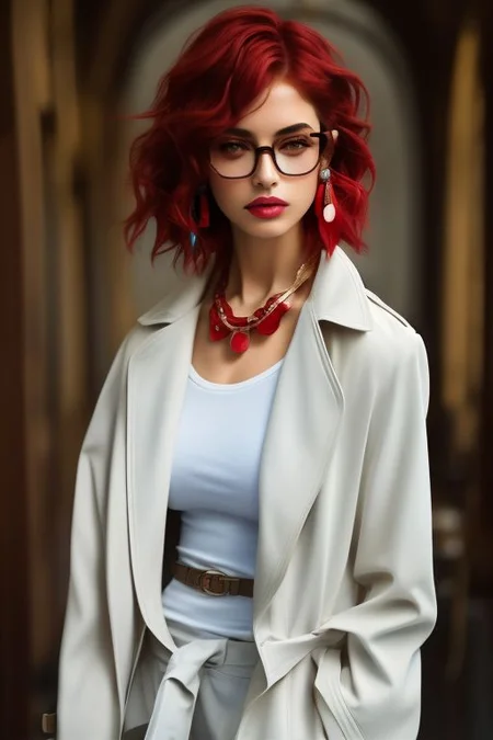 masterpiece, best quality, ultra detailed, bellissima, 1girl, white top, black pants, trench coat, Armani style, very short hair, red hair, freckles, earrings, chain necklace, glasses, cowboy shot