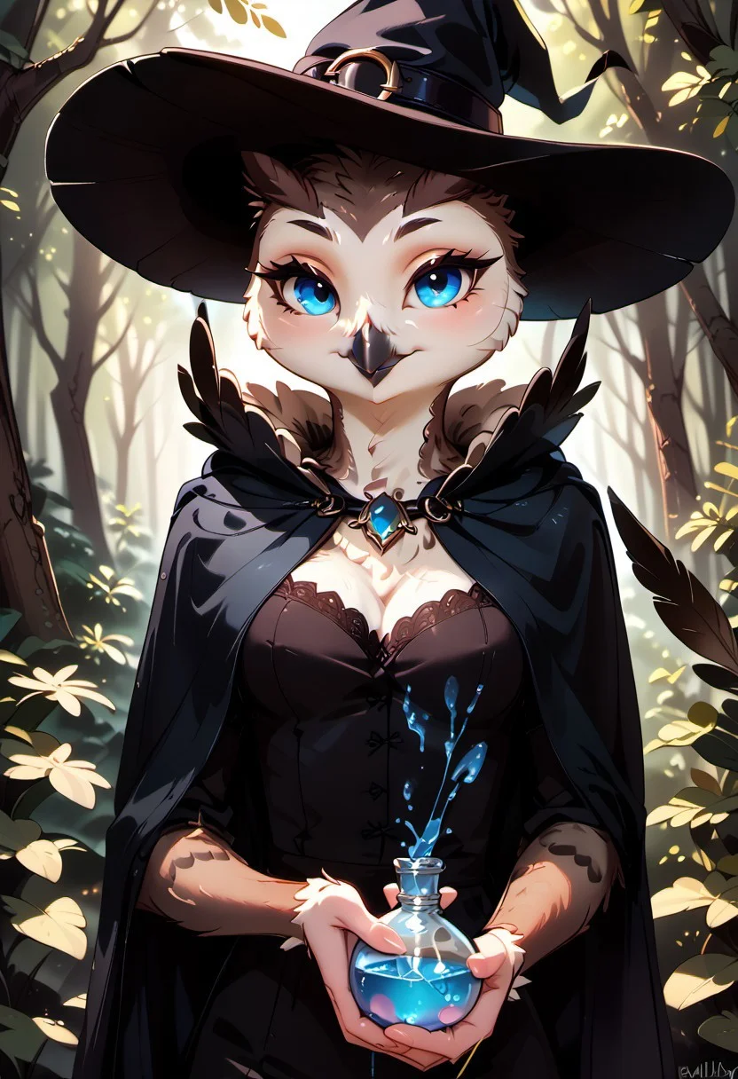score_9, score_8_up, score_7_up, highres, high quality, perfection,
BREAK
1girl, (solo: 2.0), girl alone, front view, cowboy shot,
BREAK
furry female, owl girl, (anthro owl girl: 1.2), beautiful girl, cute girl, adult, 20 years old, detailed body, shapely girl, (slim body: 1.2), petite body, black feathers, (bald_girl: 1.2), (baldness: 2.0), detailed face, beautiful face, eyelashes, (blue eyes: 1.2), perfect eyes, detailed eyes, medium breasts, detailed hands,
clothed, (feathers cape: 1.5), witch hat,
standing, soft smile, looking at viewer, holding potion with glowing blue liquid, wink,
BREAK
outdoors, night, forest, dark forest,