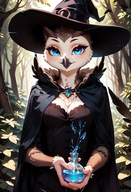 score_9, score_8_up, score_7_up, highres, high quality, perfection,
BREAK
1girl, (solo: 2.0), girl alone, front view, cowboy shot,
BREAK
furry female, owl girl, (anthro owl girl: 1.2), beautiful girl, cute girl, adult, 20 years old, detailed body, shapely girl, (slim body: 1.2), petite body, black feathers, (bald_girl: 1.2), (baldness: 2.0), detailed face, beautiful face, eyelashes, (blue eyes: 1.2), perfect eyes, detailed eyes, medium breasts, detailed hands,
clothed, (feathers cape: 1.5), witch hat,
standing, soft smile, looking at viewer, holding potion with glowing blue liquid, wink,
BREAK
outdoors, night, forest, dark forest,