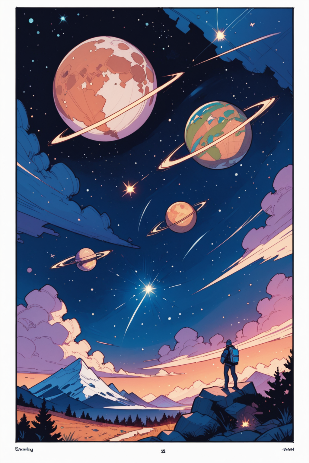 no humans, star \(sky\), planet, tree, starry sky, border, scenery, sky, star \(symbol\), grey border, space, outdoors, crystal, mountain, night, moon, rock, night sky, earth \(planet\), black border, <lora:Expressive_H:0.5>, score_9, score_8_up, score_8_up, a_Comic_Illustration, rough lines with ink, (drawn:1.1), (sketch:1.5), (crosshatching:1.25), (comic style:1.1), graphic novel style, sharp lines, hires, zstyle, (western comics \(style\):1.1), (hatching \(texture\):1.2), zPDXL, Mr_Monster_Possitive